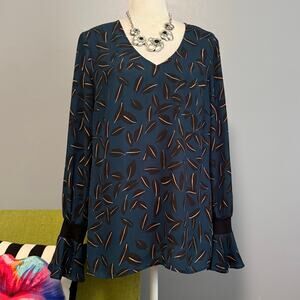 Cabi Shadow Leaf Long Sleeve Blouse Top #3763 Teal Blue & Black